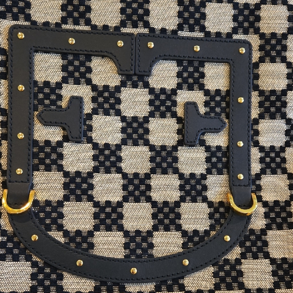 Price Drop! Furla Brand Checkered Black Leather Tan Linen Tote Bag 15x16. As New - Picture 3 of 7